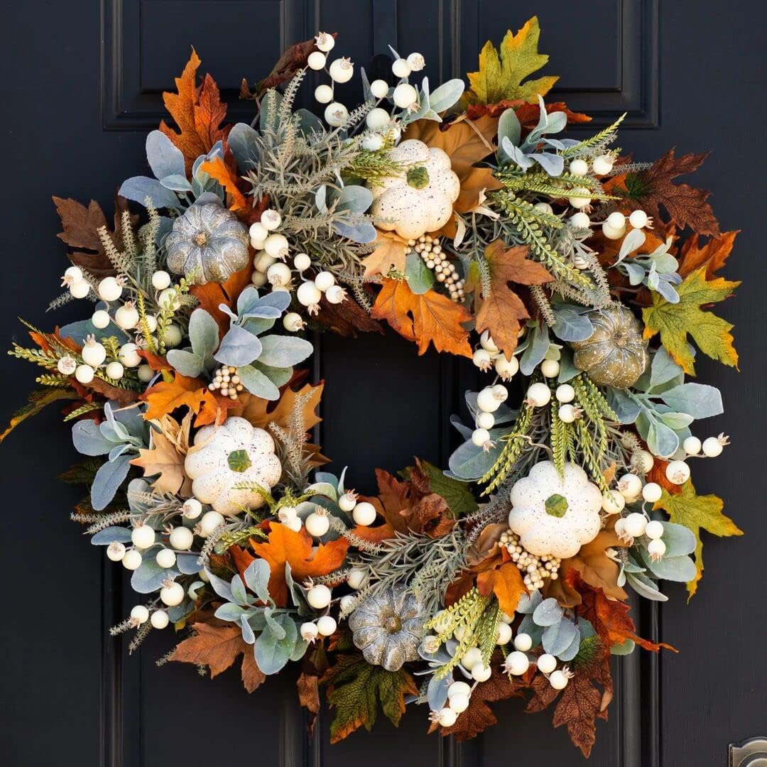 Fall Decorations Front Door Fall Wreath 19 Inch Artificial Fall Maple Leaf Pumpkin Pine Cone Berry Wreath